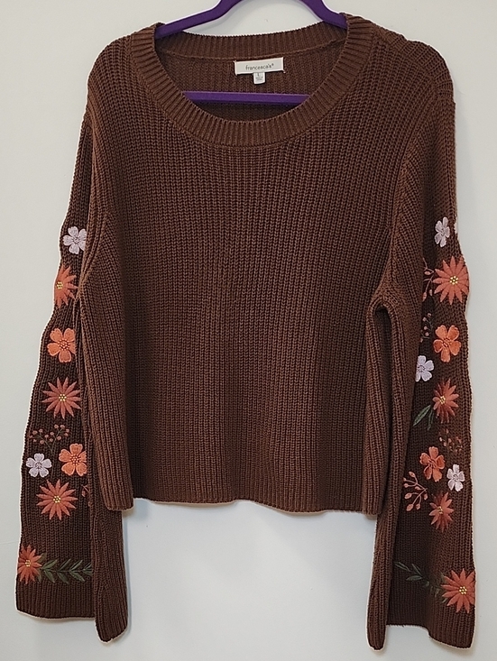 Francesca's Collections Sweaters - Francesca's Hailee embroidered pullover sweater colorful floral bell Sleeves L